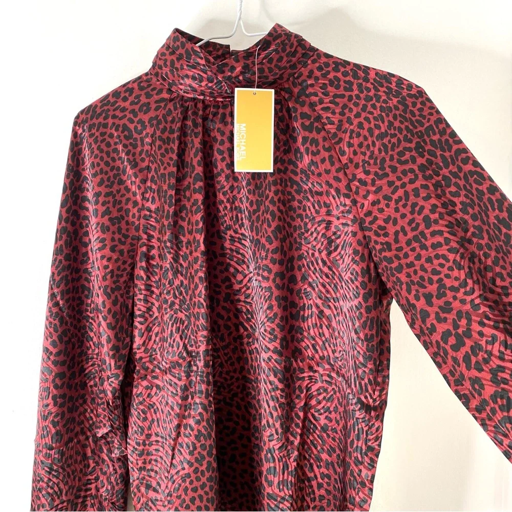 MICHAEL Michael Kors Wine Black Animal Print Pleated Blouse Long Puff Sleeve NWT - Picture 2 of 9